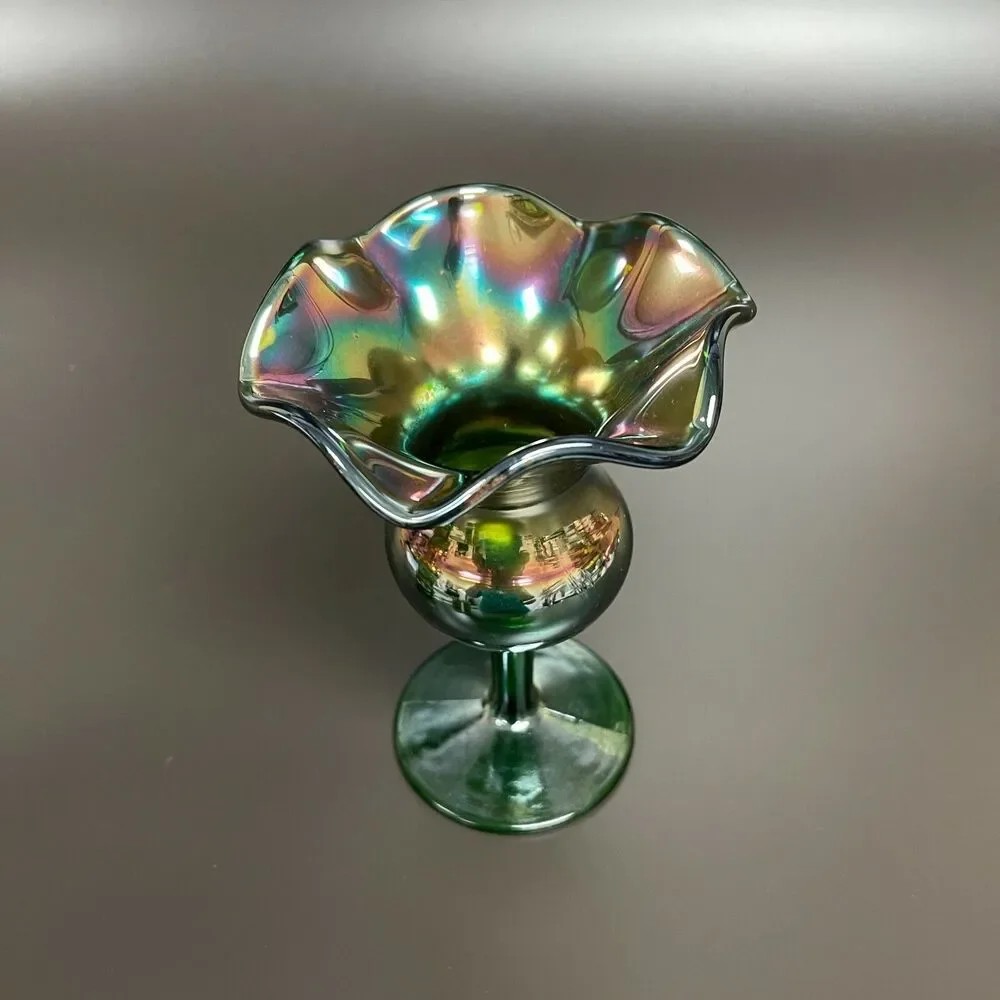Dugan‎ Glass Green Multicolor Compote Vase Ruffle Tulip 6 3/8